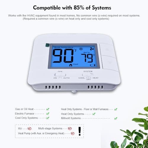 Non Programmable Thermostat for Home - Single Stage 1H/1C, with Room Temperature & Humidity Display and Large Blue LCD 5