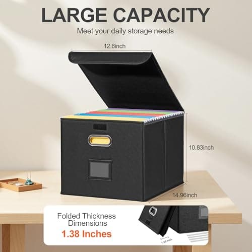 Hleelomi Collapsible File Box with Lid & Plastic Slide - Hanging Document Organizer for Office/Home, 14.96x12.6x10.83 Inch,Decorative Home File Bin,Black, 1 Pack (No Folders Included) 7