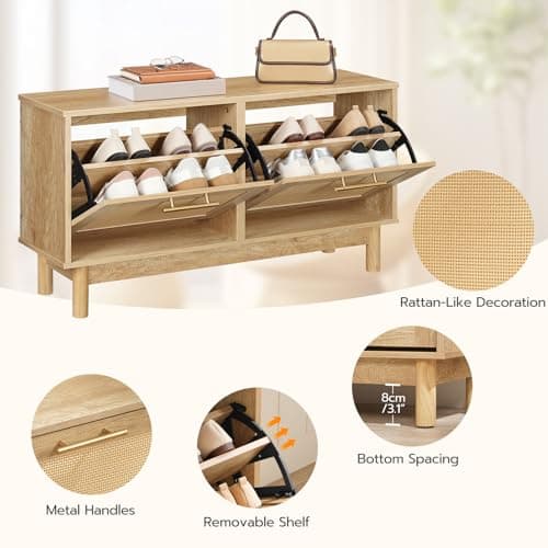 HOOBRO Shoe Storage Bench Entryway, Rattan-Like Shoe Bench with Flip Drawers, Narrow Shoe Rack Bench, Shoe Cabinet with Rattan Doors, Wooden Shoe Organizer for Entryway Hallway, Natural NL51HX01 7