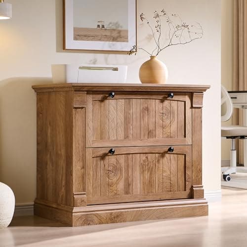 OKD Farmhouse File Cabinet with 2 Drawers, 35.3" Lateral Filing Cabinet with Hanging File Folders, Interlocking Drawers, Wood Rustic Storage Cabinet for Home Office, Living Room, Light Knotty Oak