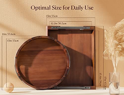 Dofira Acacia Wood Serving Tray with Metal Handles, 17x13in Food Drinks Tray for Coffee Table, Breakfast, Dinner & Bar, Rustic Decorative Storage Tray for Ottoman, Kitchen, Elegent Gift Packaging 5