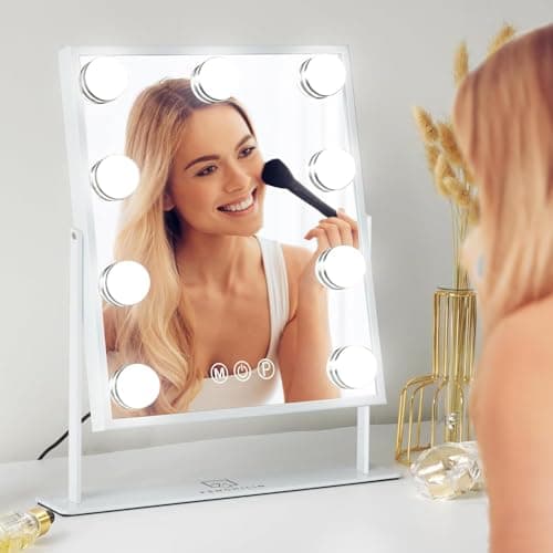 FENCHILIN Vanity Mirror with Light Lighted Makeup Mirror Vanity Makeup Mirror Smart Touch Control 3Colors Dimable Light Detachable 10X Magnification 360°Rotation(White) 7