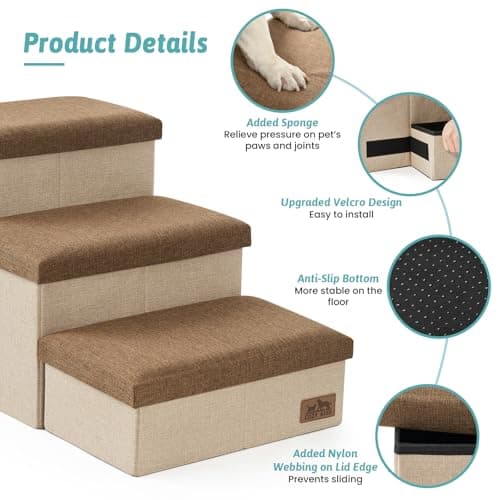 Dog Stairs with Storage, 4-Step Wider Sturdy Dog Steps for Small/Medium/Large Dogs and Older Cats, Folding Doggie Ramp for Bed/Couch/Car Hold Up to 180 lbs (22" H, Brown) 8