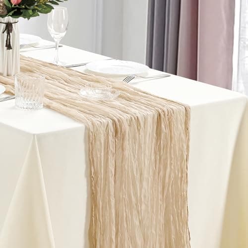 Dololoo Cheesecloth Table Runner 35 x 118 Inches Gauze Table Runner 10Ft Boho Rustic Decorations for Wedding Decor Reception Bridal Shower Holiday Party, Beige