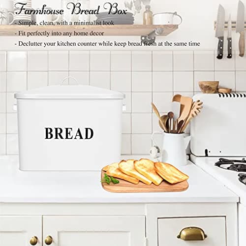E-far Bread Box, Metal Bread Box with Lid for Kitchen Countertop, Large Bread Bin Holder Storage Container - 13" x 9.8" x 7.3" - Holds 2+ Loaves, Modern Farmhouse & Vintage Style - White 6