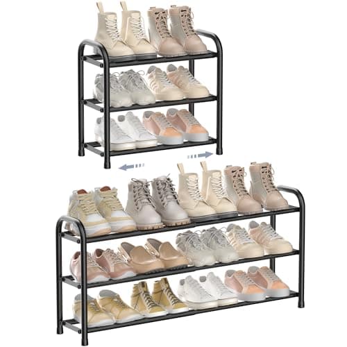 ENJOYBASICS Expandable Shoe Rack, 3 Tier Adjustable Shoe Organizer Shelf for Closet, Black Metal Free Standing Shoe Rack Storage for Small Space, Entryway