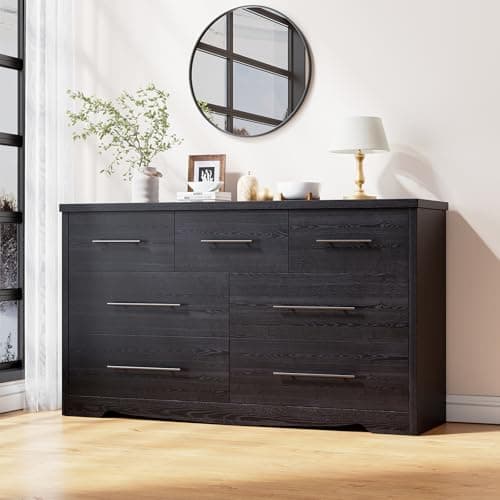 ONBRILL Black 7 Drawer Dresser for Bedroom, 55" Modern Dresser with 7 Deep Drawers, Wooden Chest of Drawers with Metal Handles, Clothes Organizer for Hallway, Living Room, Entryway (Black)