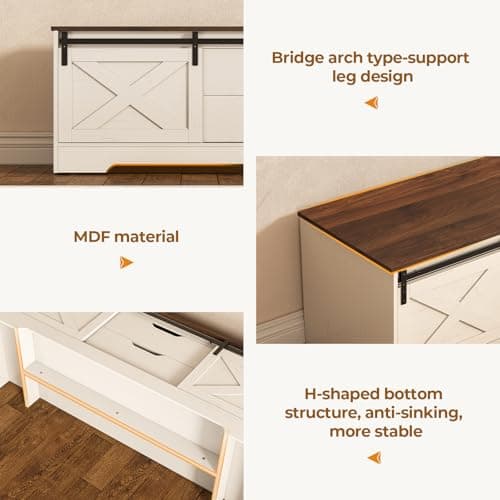 UPOSOJA 60“ Farmhouse Storage Bench with Cushion, Shoe Rack with Slide Barn Doors, Adjustable Shelf and 2 Drawer for Entry, Bedroom, Closet, Living Room, Hallway (White Brown, 60 in) 8