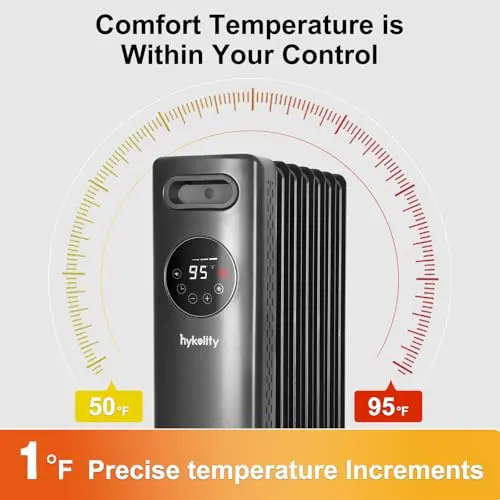 hykolity Electric Oil Filled Radiator, 1500W Portable Full Room Radiant Space Heater with Adjustable Thermostat, Remote, Led Display, Child Lock, Overheat & Tip-Over Protection, 24H Timer, Grey 6