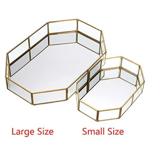 Hipiwe Mirror Glass Vanity Tray - Gold Ornate Makeup Tray Vintage Octagonal Perfume Tray Dresser Trays Jewelry Trinket Organizer for Bathroom Storage Trays for Home Decor 9