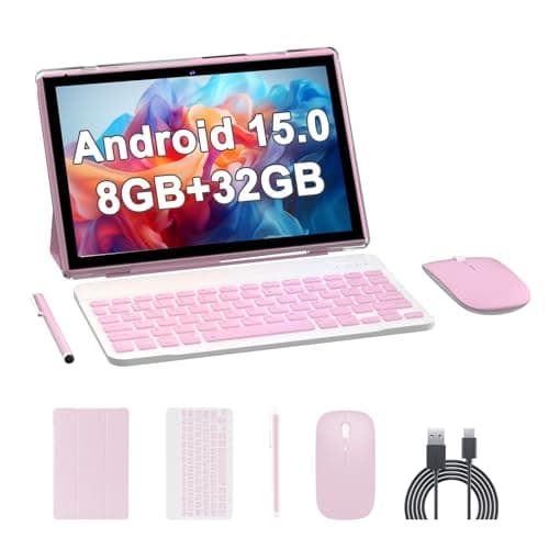 RUIQIAI Android 15 Tableta, 2 in 1 Tablet 10 Inch with Keyboard Case, 8GB+32GB ROM/1TB, Quad Core, Dual Carema, Games, Wi-Fi, BT, GMS(Pink)