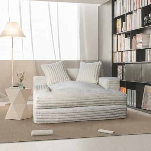 Daneey Chaise Lounge Chair Indoor Bedroom, Oversized Chaise Lounge Sofa Upholstered Soft Short Plush Couch Sofa Bed Sleeper Chair for Living Room with 2 Throw Pillows, Easy to Install