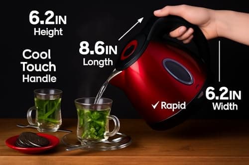 Moss & Stone 1.2L Stainless Steel Small Electric Kettle Red Color, Cordless 1500w Fast Boiling Pot, Portable Hot Water Electric Tea Kettle With Boil Dry Protection & Auto Shut-Off 6