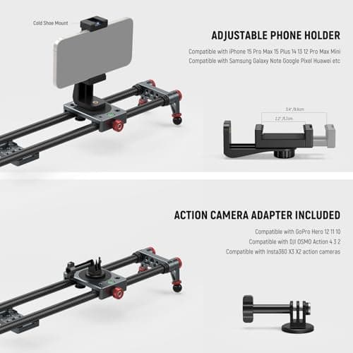 NEEWER 24in/60cm Carbon Fiber Camera Slider with 360° Ball Head/Phone Clamp/Action Camera Mount, Dolly Rail Track with 4 Bearings & Adjustable Legs, Compatible with GoPro Insta360 iPhone Android, CS2M 5