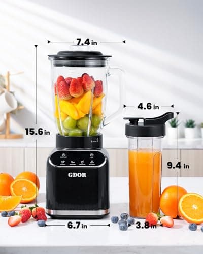 GDOR Professional Blender for Smoothies, 5 Functions, 1200 Peak Watts Smoothie Blender, 52 Oz Glass Jar & 24 Oz To-Go Cup Combo, Ice Crushing & Frozen Fruit, Self-Cleaning, Black 8