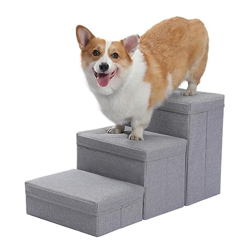 PETEPELA Dog Steps for High Bed, Dog Stairs for Small Dog 3 Steps, Foldable Pet Stairs with Storage for Large Dogs Hold up to 50 LBS, Light Grey (AM11-3-AMT0229GY)