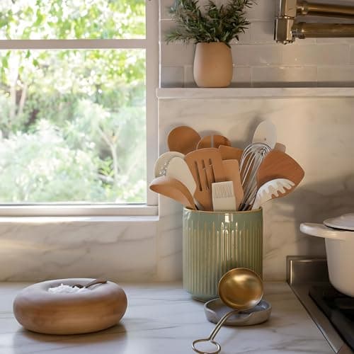JIEMEI HOME Kitchen Utensil Holder, Ceramic Stable Utensil Crock for Countertop, 7.2" Large Utensil Organizer with Cork Mat, Removable Bamboo Divider for Kitchen Décor and Accessories, Green 8