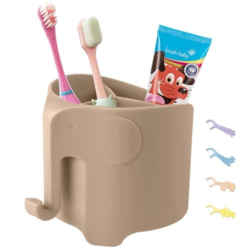 Hippywell Elephant Toothbrush Holder for Toddler, Cute Toothbrush Holder for Kids, Electric Toothbrush Toothpaste Holder with 3 Rapid Drying Slots and a Hook for Bath Ball, Nude