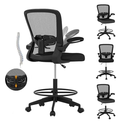 POWERSTONE Drafting Chair - Ergonomic Tall Office Chair for Standing Desk with 3IN Thick Cushion, Flip-up Arm, Adjustable Back Support & Footrest Workbench Rolling Stool Computer Chairs (Black 1 pcs)