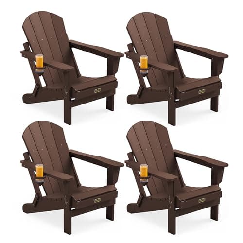 SERWALL Folding Adirondack Chair Set of 4, Weather Resistant HIPS Patio Chairs with Cup Holder for Garden Outdoors Fire Pit- Coffee
