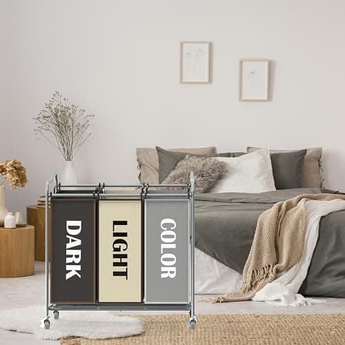 Simple Houseware Heavy Duty 3-Bag Laundry Sorter Rolling Cart, Silver/Assorted – Durable Triple Laundry Hamper with Removable Bags and Lockable Wheels for Laundry Room Organization 7