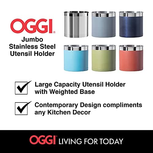 Oggi Stainless Steel Jumbo Utensil Holder - 7" Utensil Caddy, Weighted Base for Stability - Extra Large Utensil Crock and Countertop Utensil Organizer, Stainless Steel 7