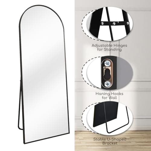 FVANF Floor Mirror, Arched Full Length Mirror Standing Hanging or Leaning Against Wall, Body for Bedroom, Wall-Mounted with Aluminum Alloy Frame, 64"x21" (Blck) 6