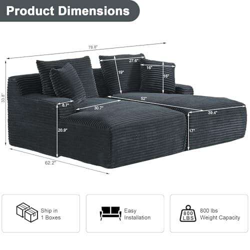 Tmsan 78.8" Oversized Boneless Double Chaise Lounge Sofa Indoor, Modern Compressed Corduroy Upholstered Sectional Cloud Couch Loveseat Sleeper Bed, Comfy Floor Chair for Living Room Apartment Office 2