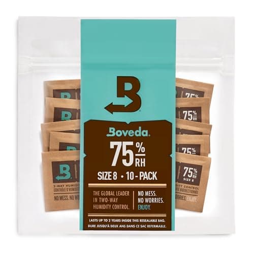 Boveda 75% Two-Way Humidity Control Packs For Storing Up to 5 Items – Size 8 – 10 Pack – For Small Non-Plastic Travel Cases – Moisture Absorbers – Humidifier Packs in Resealable Bag
