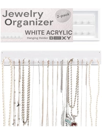 Boxy Concepts Necklace Organizer - Pack of 2, 10.5 x 1.5 in, White Wall Mount - 10 Diamond-Shaped Jewelry Hooks - 3M Adhesive & Necklace Holder - Versatile Multiuse & Earring Holder Organizer