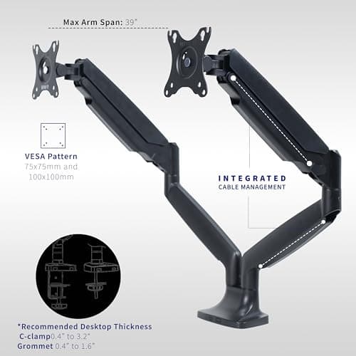 VIVO Premium Aluminum Heavy Duty Dual Monitor Arm for Ultrawide Monitors up to 40 inches and 24 lbs Each, Desk Mount Stand, Pneumatic Height, Max VESA 100x100, Black, STAND-V202Q 6