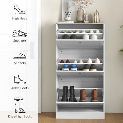 HOMCOM Shoe Storage Cabinet with 3 Flip Drawers, Wooden Freestanding Shoe Organizer with Adjustable Shelves for Entryway, Hallway, White 6