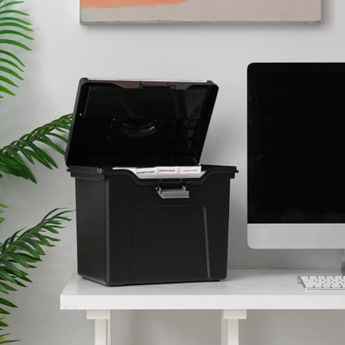 IRIS USA File Box with Lid File Organizer for Letter File w/Organizer-Lid, Water Resistant Document Box, Plastic Mobile Filing Organizer, Secure Buckle, Portable Handle, Lockable, Black 4 Pack 6