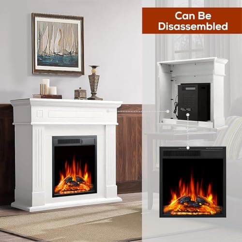 R.W.FLAME 43” Electric Fireplace Mantel Wooden Surround Firebox, TV Stand with Freestanding Electric Fireplace, Remote Control, Adjustable Led Flame, 750W/1500W Pearl White 8