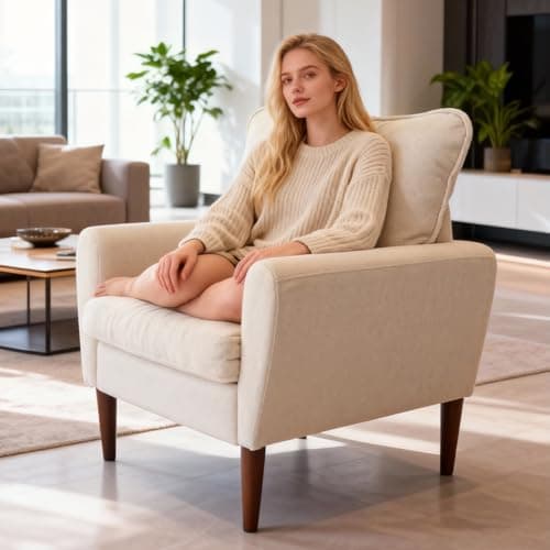 OLIXIS Comfy Accent Chair for Living Room Bedroom and Waiting Room, Upholstered Mid-Century Reading Chair with Pillow and Solid Wood Legs, Wide Singe Modern Lounge Sofa (Beige) 7