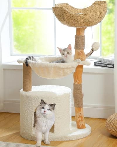 MUTTROS Modern Cat Tree for Large Cats, Wood Cat Tower for Indoor Cats, Real Branch Luxury Cat Furniture with Super Large Cozy Condo and Hammock & Scratching Post, Top Basket, White