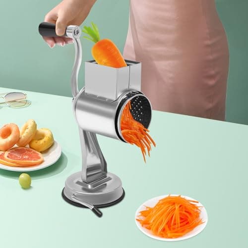 5-in-1 Rotary Cheese Grater Vegetable Slicer Large, Rotary Cheese Grater with Handle Stainless Steel, Kitchen Mandoline Vegetable Slicer, Potato Slicer Rotary for Cucumbers, Lemons, Apples 5