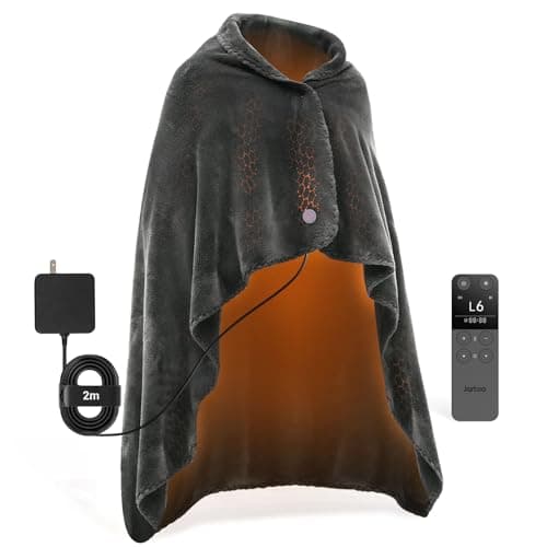 Jartoo Nano Heated Blanket Electric Throw, Portable Washable Heated Shawl Wraps - 24V Safe & Eco, 30s Far Infrared Heating, Cordless Remote with 6 Heating Levels & 5 Time Settings (50"x60", Grey)