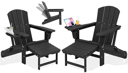 KINGYES Adjustable Folding Adirondack Chair with Footrest & 4-in-1 Multi-Functional Armrest Organizer Set of 2, HDPE Foldable Recliner Adirondack Chair with Pull-Out Ottoman, Black