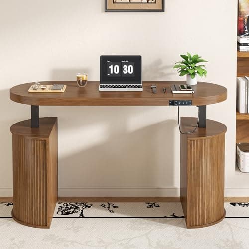 Xyulmeo Mid Century Modern Electric Standing Desk with Storage, 55 x 22 Inch Small Sit Stand Up Desk, Wood Adjustable Height Computer Executive Desk for Home Office, Laptop, Walnut 8