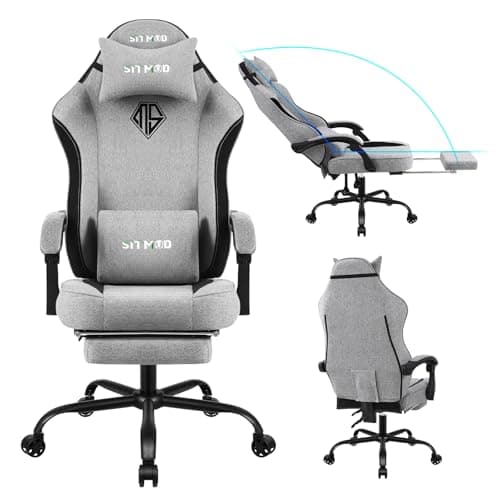 Gaming Chair with Footrest, Ergonomic Lumbar Support Massager Video Game Chair with Metal Legs, High Back Reclining Silla Gamer Chair with Headrest (Light Grey) 8