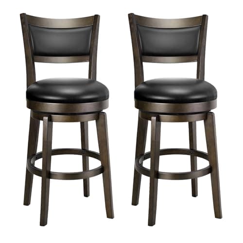 PrimeZone Swivel Bar Stools Set of 2, 24 Inch Counter Height Barstools, Black Faux Leather Bar Stool with High Backrest & Solid Wood Legs & Wrap-around Footrest, Counter Stools for Kitchen Island, Pub