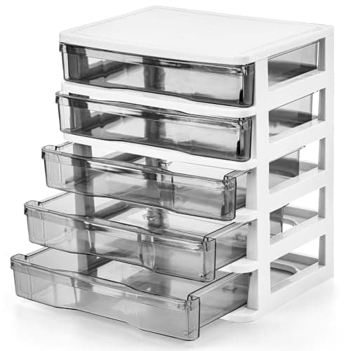 DEAYOU 5 Drawer Desktop Storage Bin Unit, Small Plastic Organizer, White Frame with Clear Drawer, Mini Container Case for Desk, Storing Craft, Accessory, Stationery