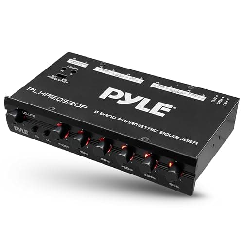 Pyle Car Audio Equalizer, Half-DIN 5-Band Parametric Equalizer with Subwoofer Gain Control, RCA AUX Input, Preamp Outputs, Fader, Adjustable Frequency, LED Illumination, 12V Trigger (7” x 4” x 1”)