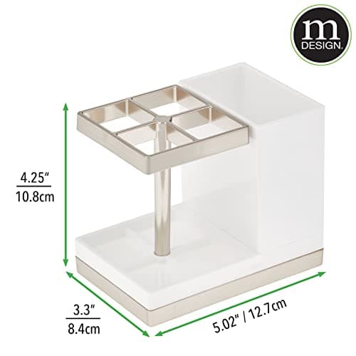 mDesign Plastic Toothbrush and Toothpaste Storage Organizer Holder - Home Decor for Bathroom Countertop - Holds Toiletries and Beauty Accessories - Lumiere Collection - White/Brushed 7