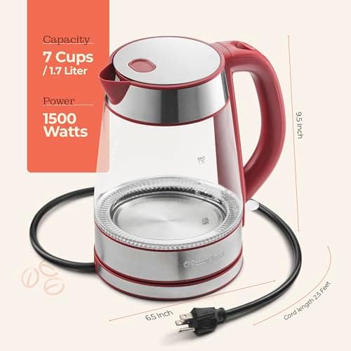 Speed-Boil Water Electric Kettle, 1.7L 1500W, Coffee & Tea Kettle Borosilicate Glass, Wide Opening, Auto Shut-Off, Cool Touch Handle, LED Light. 360° Rotation, Boil Dry Protection 7
