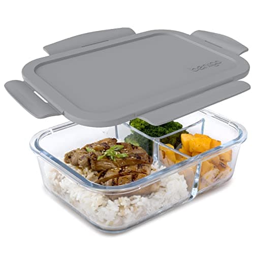 Bentgo Glass Lunch Box - Leak-Proof Bento-Style Food Container with Airtight Lid and Divided 3-Compartment Design - 5 Cup Capacity for Meal Prepping, and Portion-Controlled Meals for Adults (Gray)