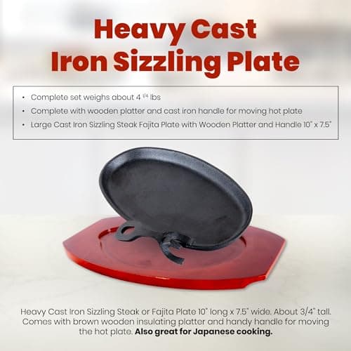 Carvers Olde Iron Fajita Cast Iron Skillet Set – Sizzling Plate with Wooden Base and Handle 5