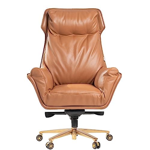 Kinnls Austin Genuine Leather Office Chair,Upholstered Executive Office Chair Modern Reclining High Back Desk Chair Comfortable Elegant Texture Desk Chair Tilt Angle(Khaki-Golden Base)