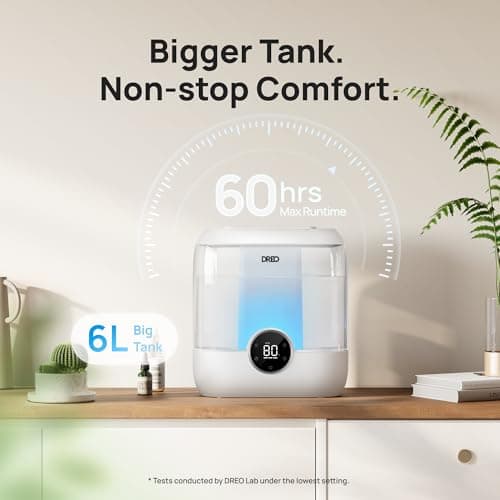 DREO 6L Top Fill Humidifiers for Bedroom, 60H Runtime 28 dB Quiet Supersized Cool Mist Air Humidifiers for Large Room, Baby Nursery, Plant, Indoor, Night Light, Easy to Clean, Precise Humidity Control 5